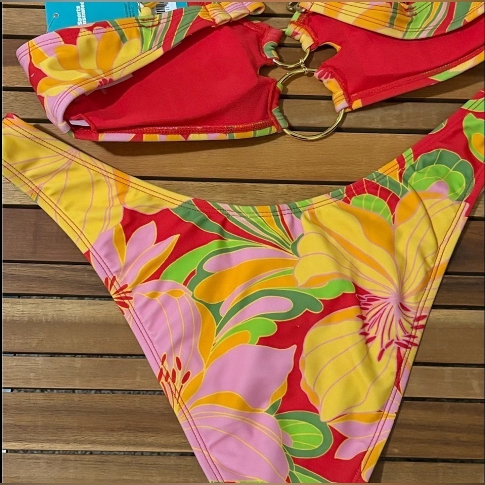LARGE NWT Sports Illustrated Swim Floral Hawaiiana Bikini Rings Red Yellow Pink - Picture 5 of 6